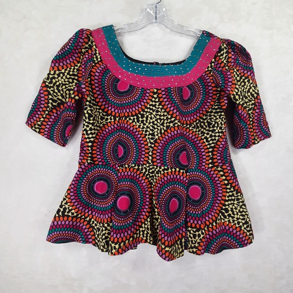 Handmade Tops - Handmade Ankara Peplum Top Vibrant African Print Sequin Blouse Multi Color